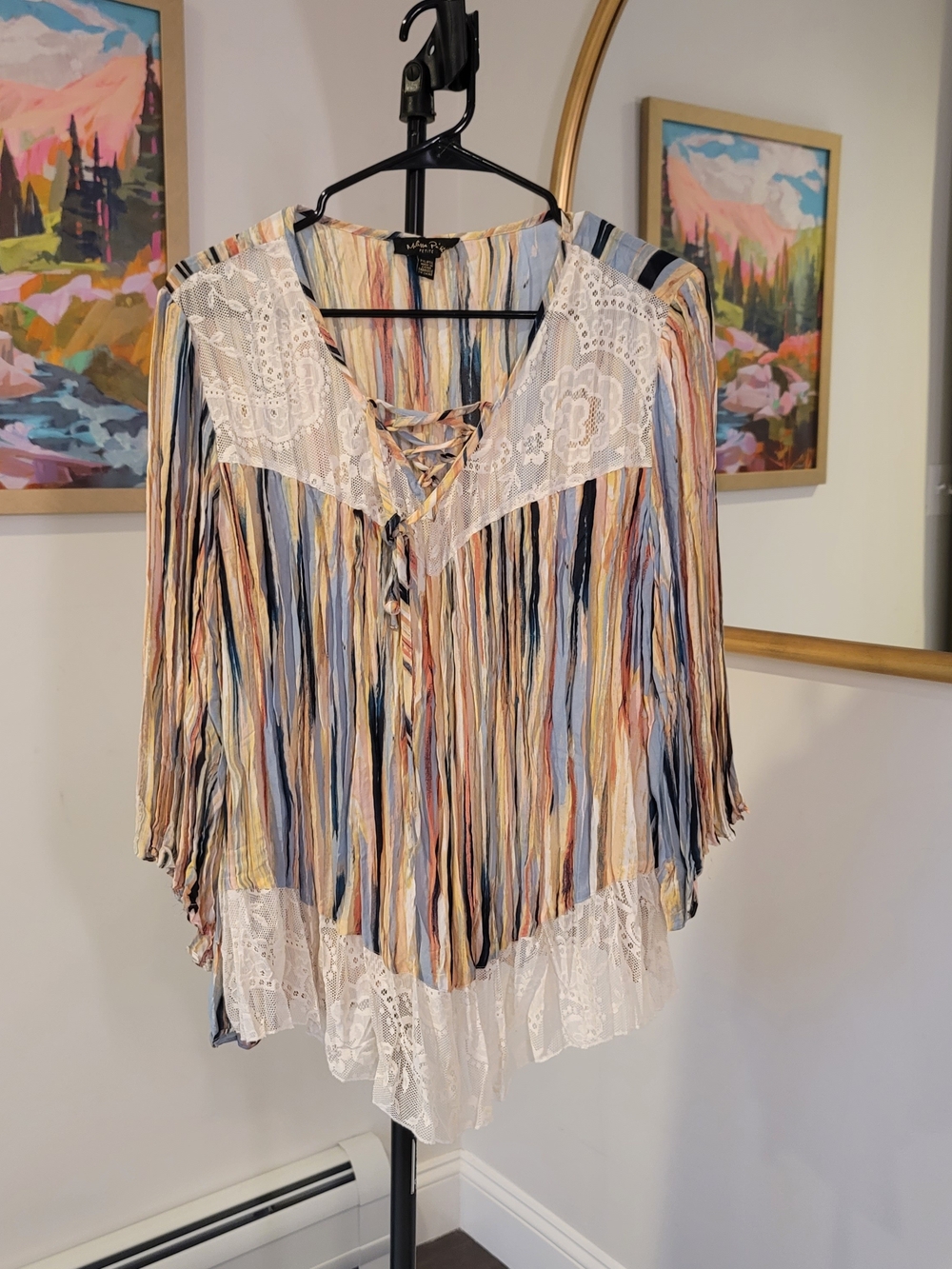 MELISSA‎ PAIGE Crinkle Lace Trip Stripe Blouse Boho Cottagecore Women's Size XLP